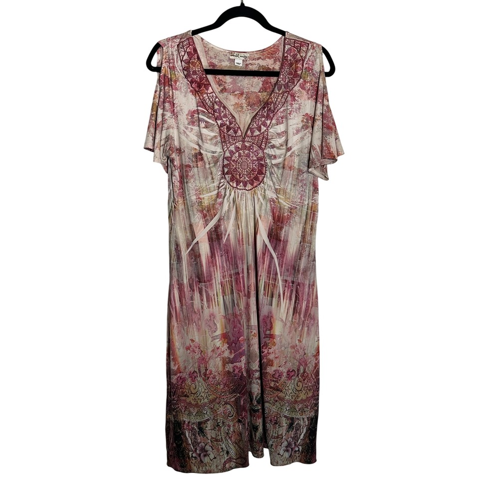 World Unity Womens Y2K Cold Shoulder Dress Pink Abstract Floral Embroidery L 90s